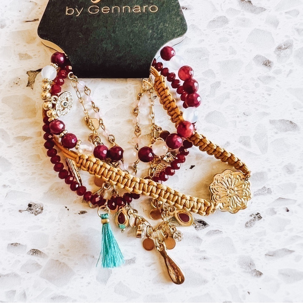 G by Gennaro Women's Maroon and Gold Beaded and Chain Bracelets Set of 5 NEW
